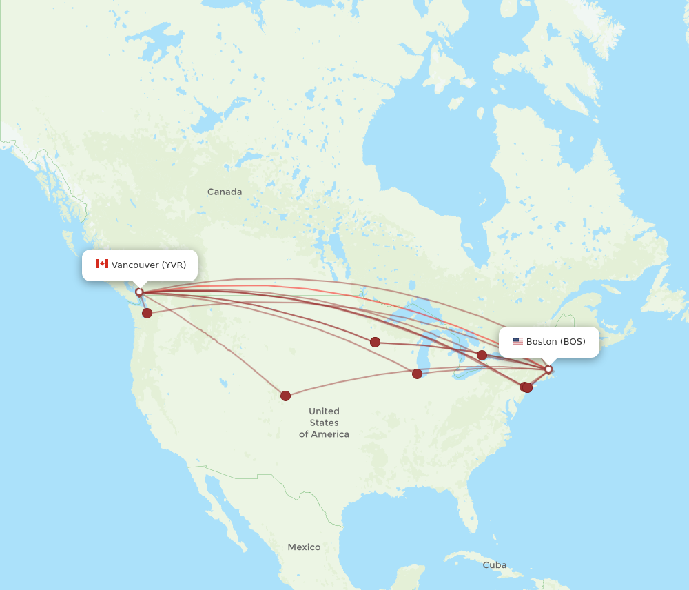 YVR to BOS flights and routes map