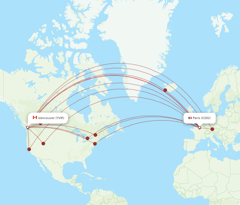 YVR to CDG flights and routes map