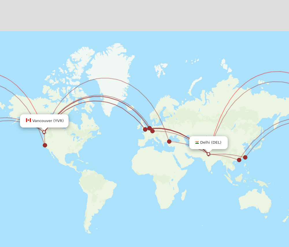 YVR to DEL flights and routes map