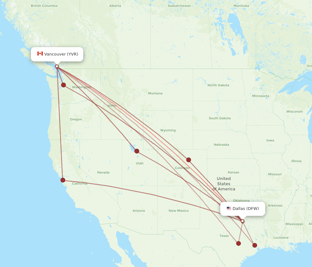 YVR to DFW flights and routes map