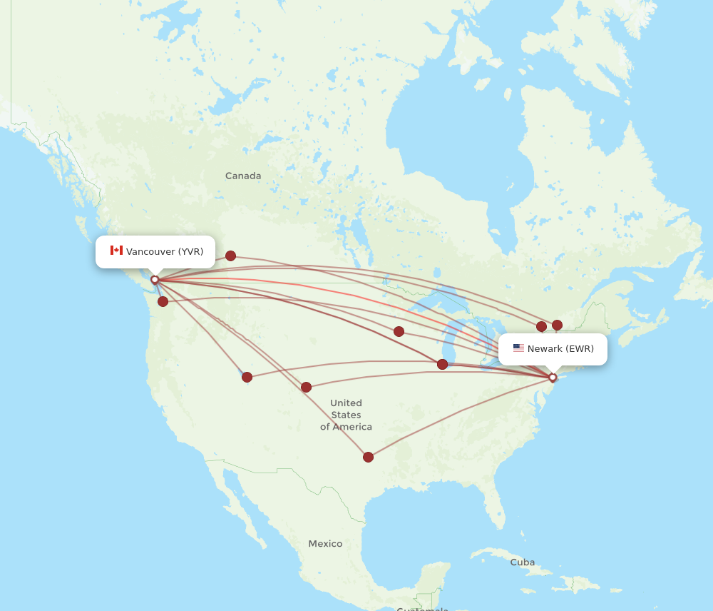 YVR to EWR flights and routes map