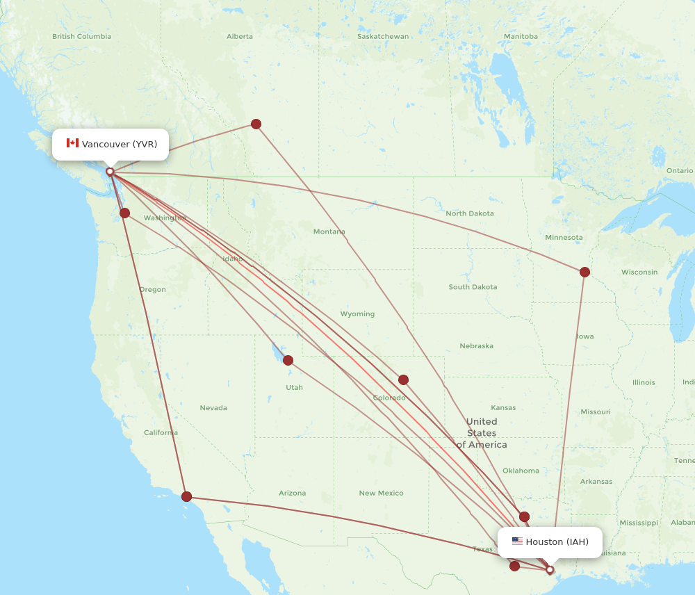 YVR to IAH flights and routes map