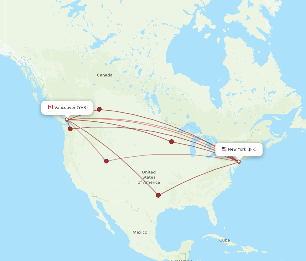 YVR to JFK flights and routes map