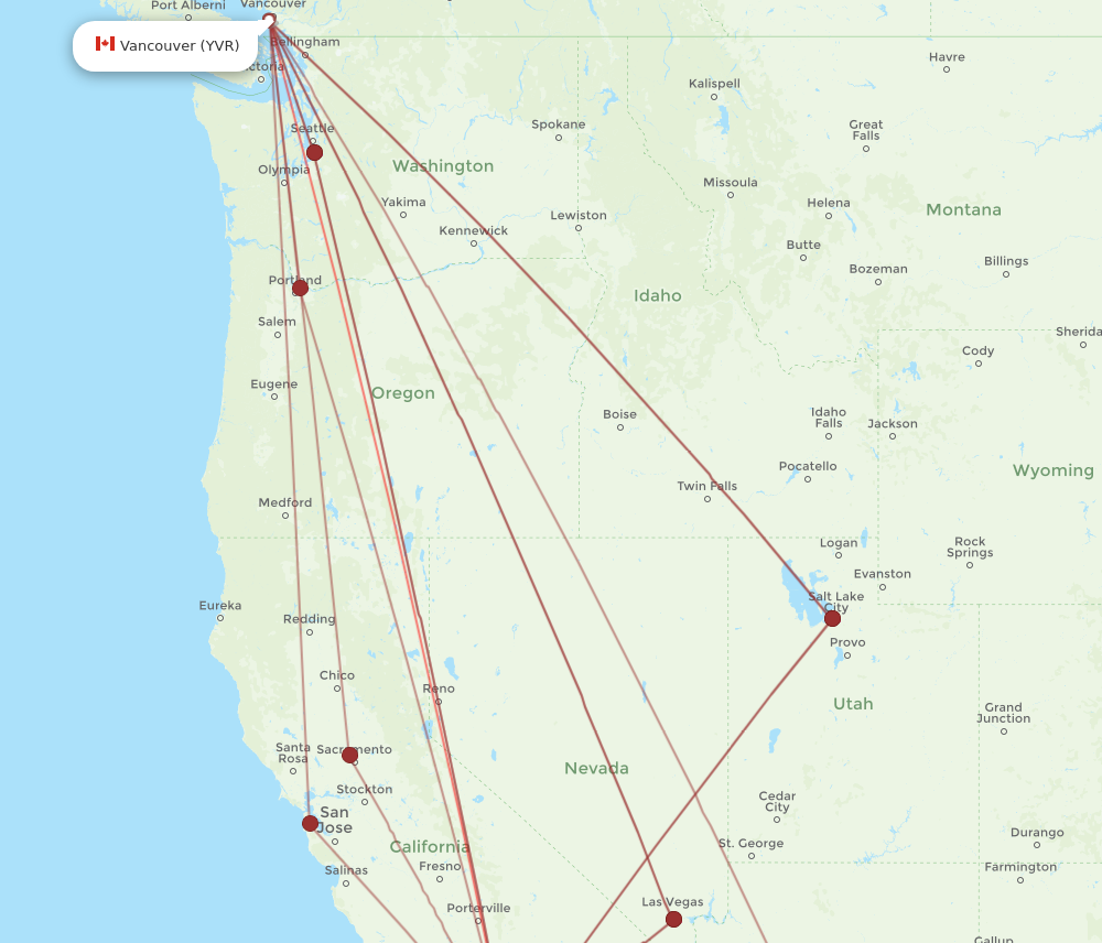 YVR to LAX flights and routes map