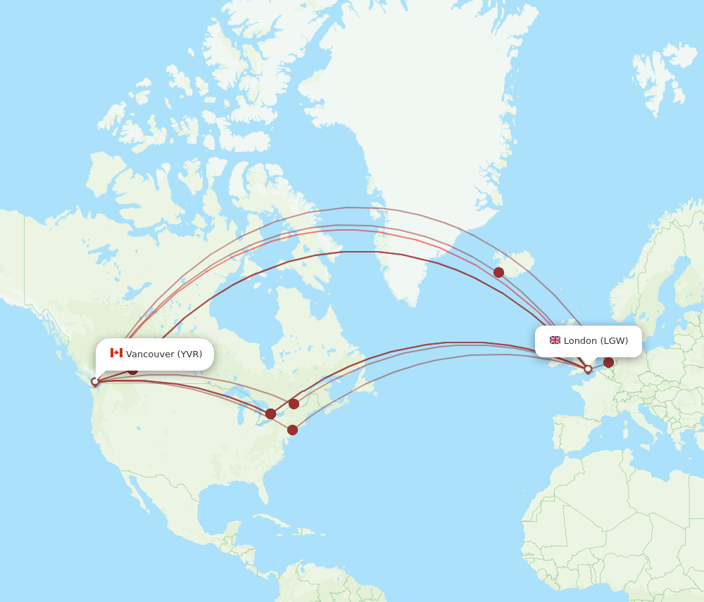 YVR to LGW flights and routes map