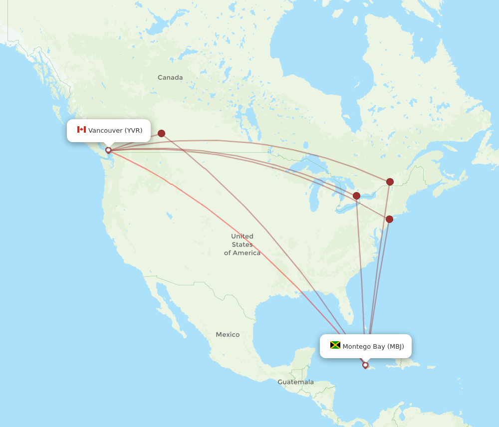 YVR to MBJ flights and routes map