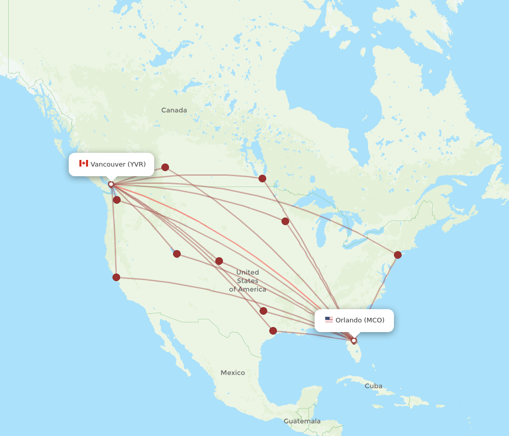 YVR to MCO flights and routes map