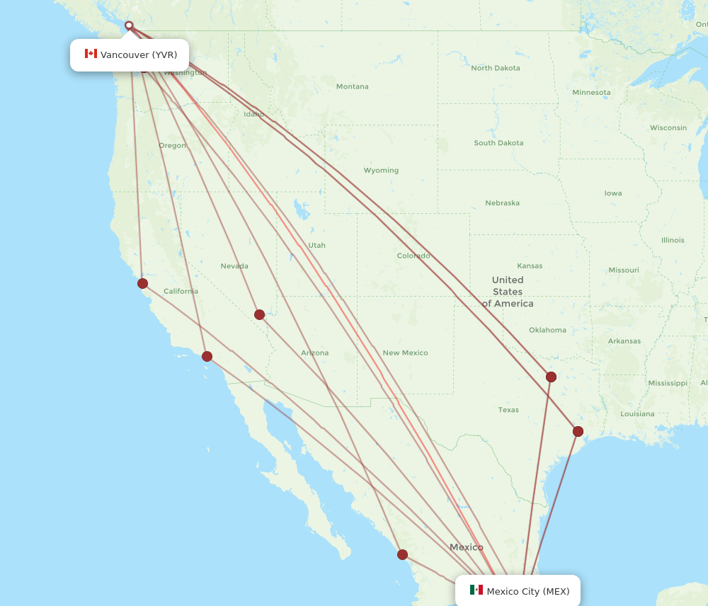 YVR to MEX flights and routes map