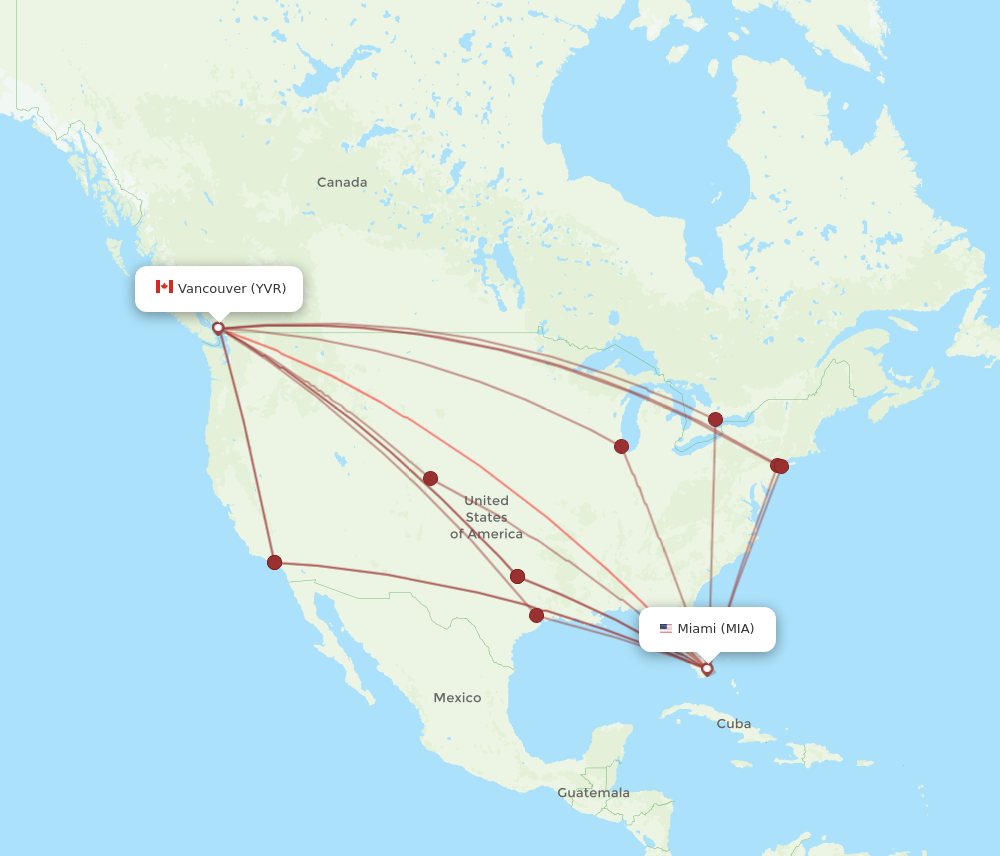 YVR to MIA flights and routes map