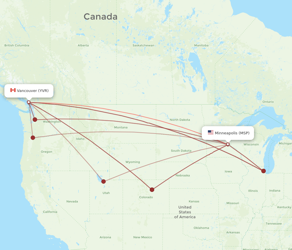 YVR to MSP flights and routes map