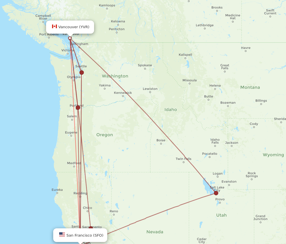 YVR to SFO flights and routes map