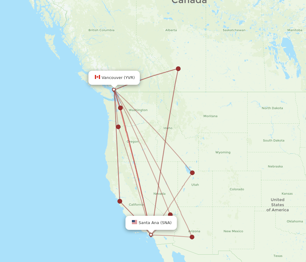 YVR to SNA flights and routes map