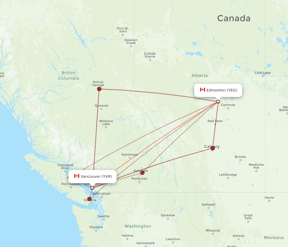 YVR to YEG flights and routes map