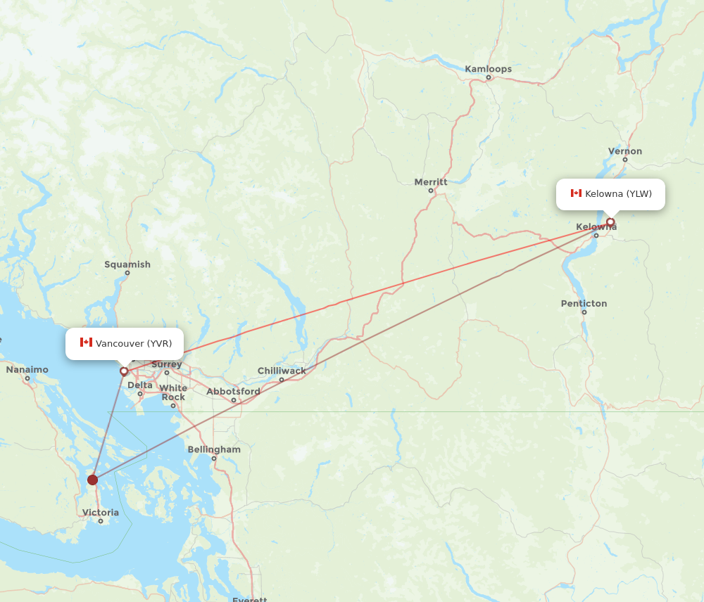 Vancouver - Kelowna route map and flight paths