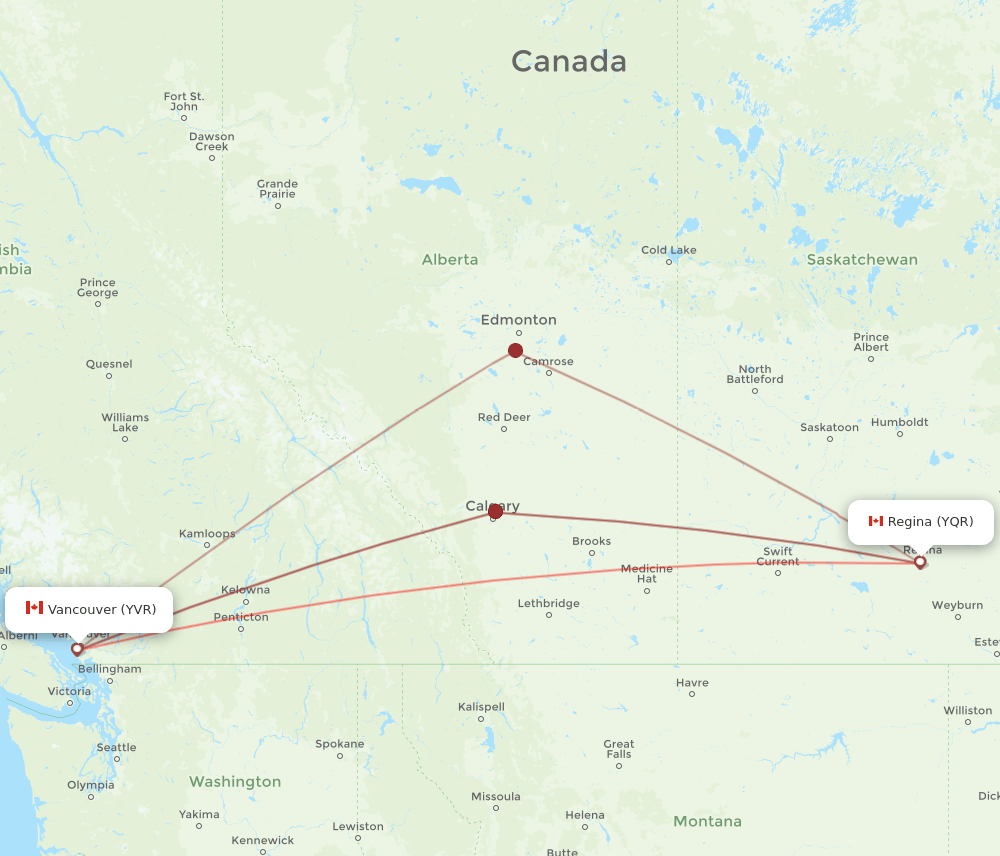 YVR to YQR flights and routes map