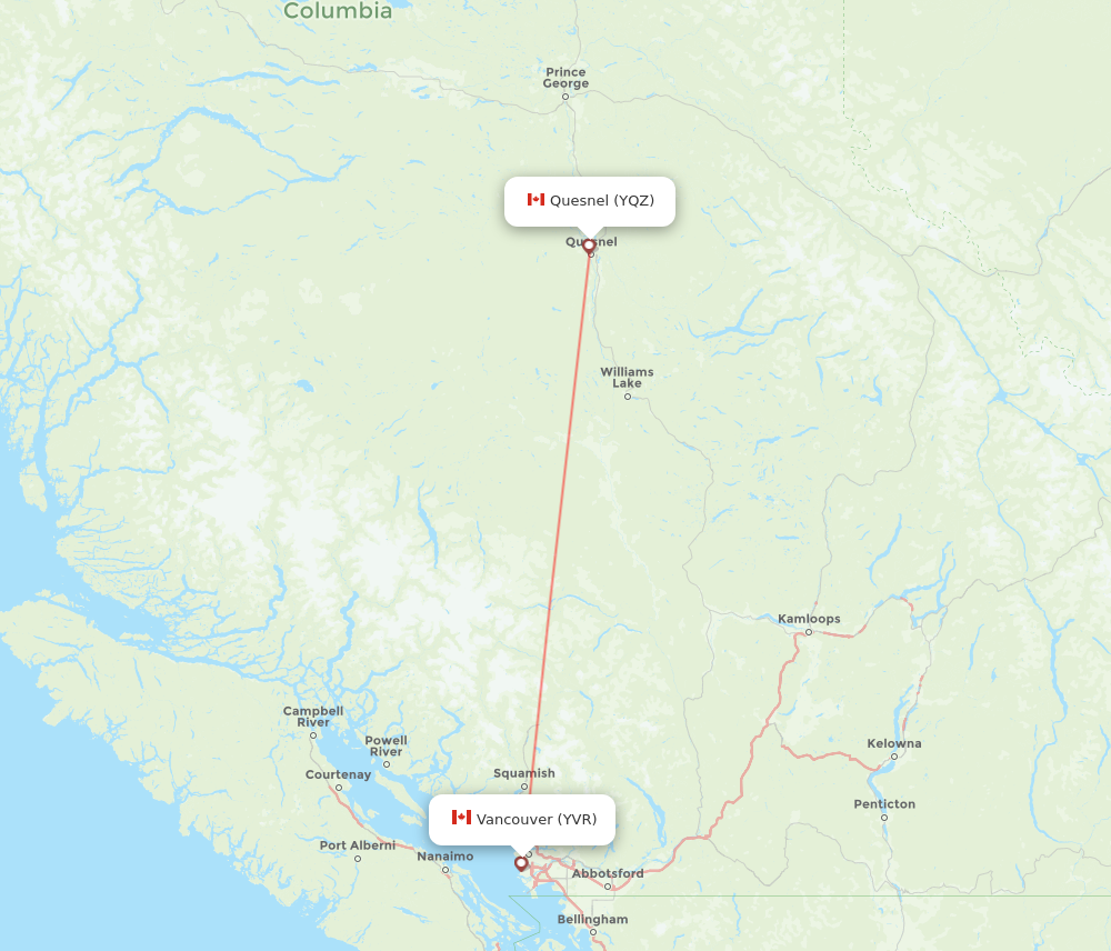 YVR to YQZ flights and routes map