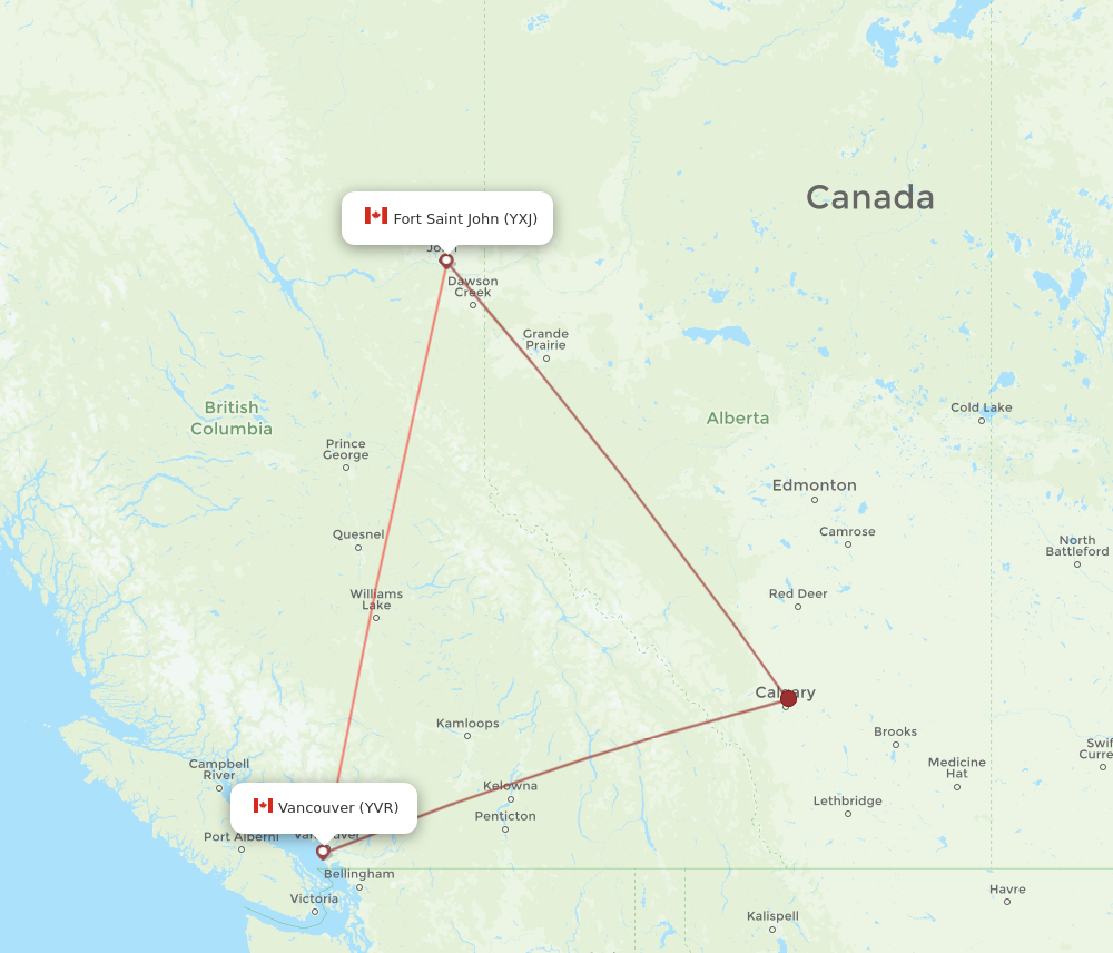 YVR to YXJ flights and routes map