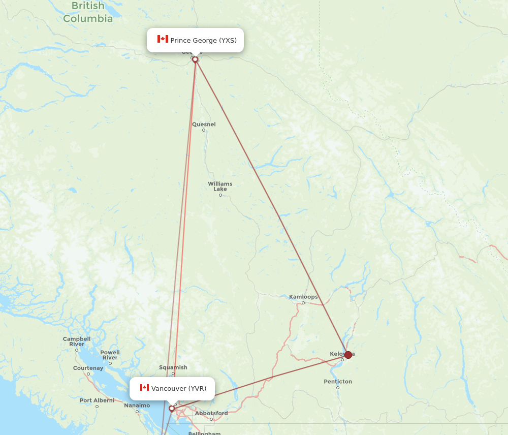YVR to YXS flights and routes map