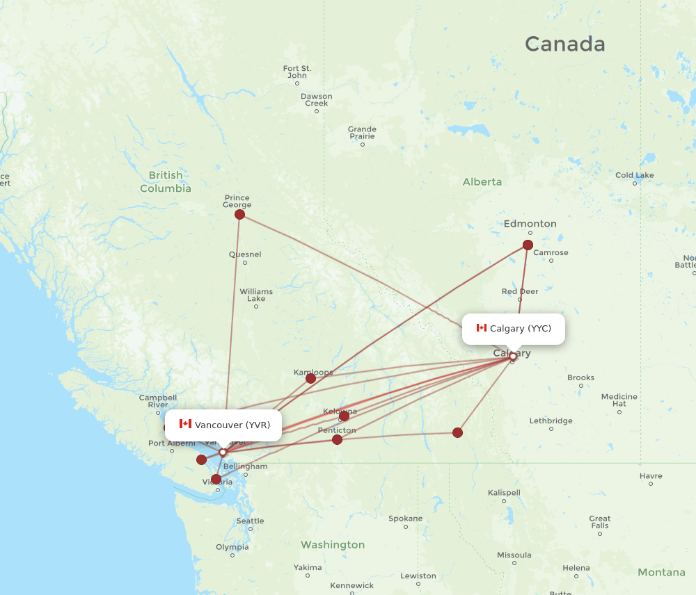 YVR to YYC flights and routes map