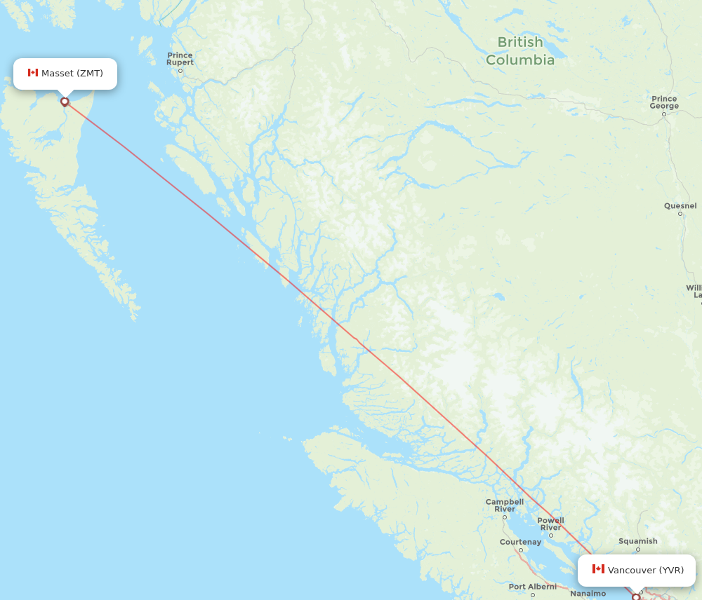 YVR to ZMT flights and routes map