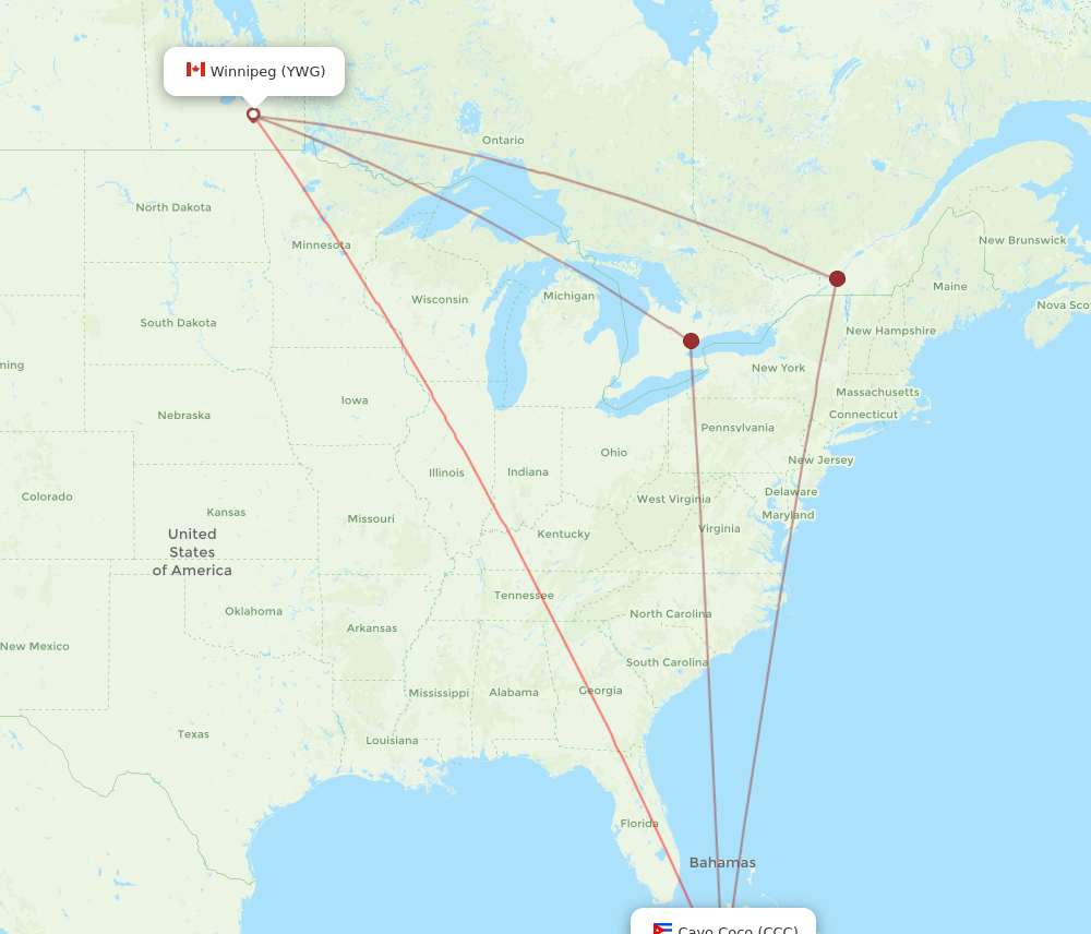 YWG to CCC flights and routes map