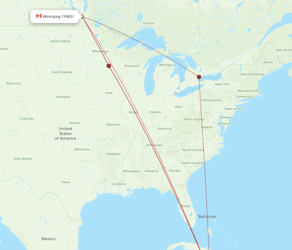 YWG to MBJ flights and routes map