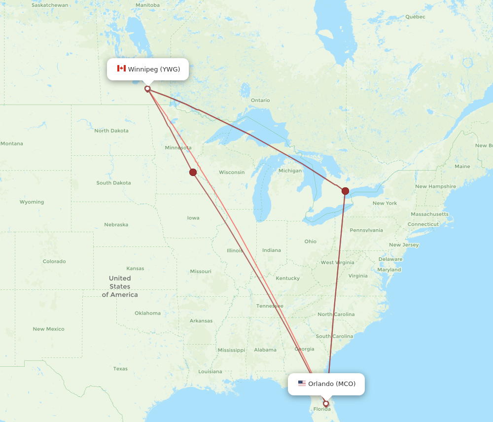 YWG to MCO flights and routes map