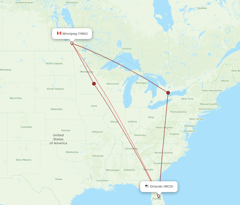 YWG to MCO flights and routes map