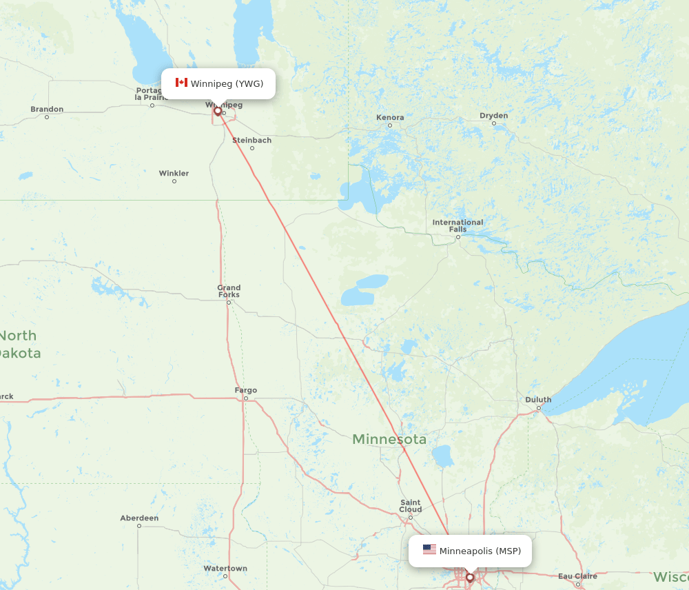 Winnipeg - Minneapolis route map and flight paths