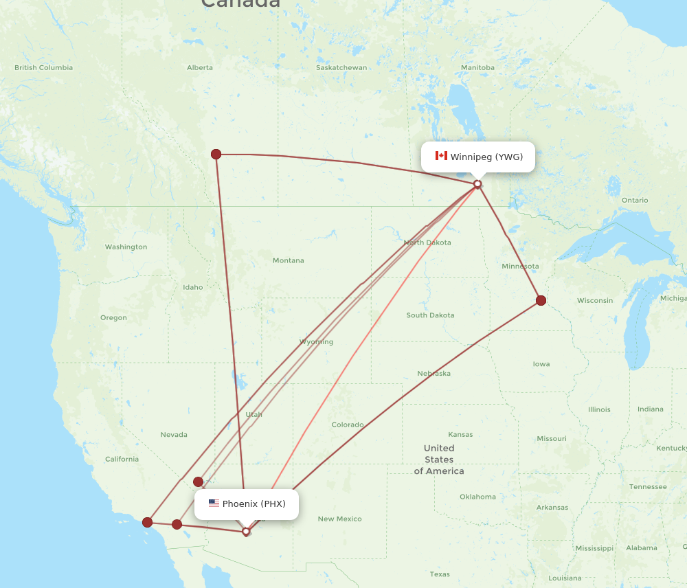 YWG to PHX flights and routes map