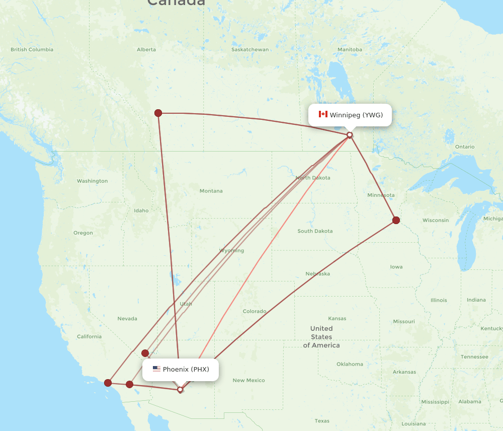 YWG to PHX flights and routes map