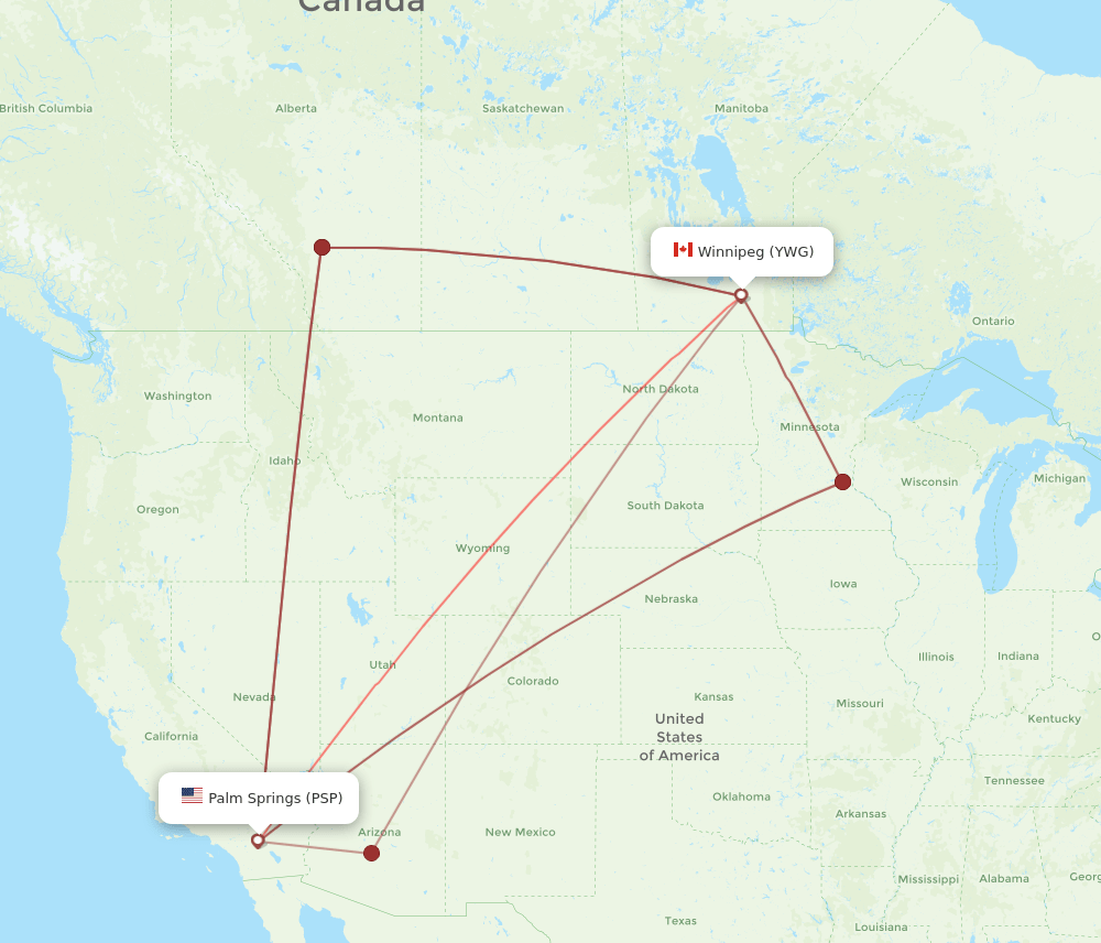 YWG-PSP flight routes