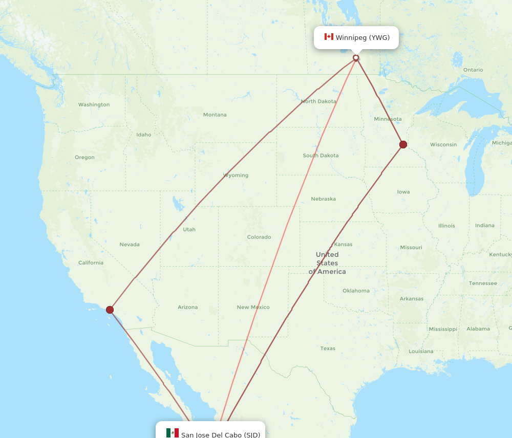 YWG to SJD flights and routes map