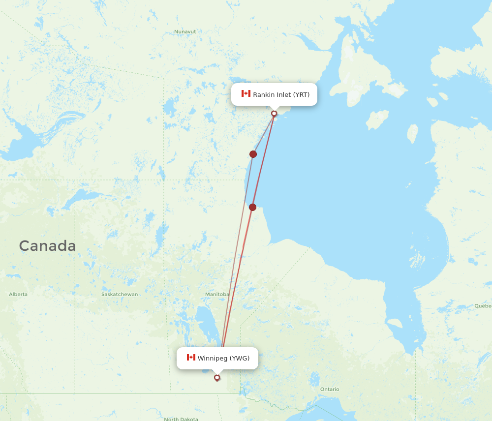 YWG to YRT flights and routes map