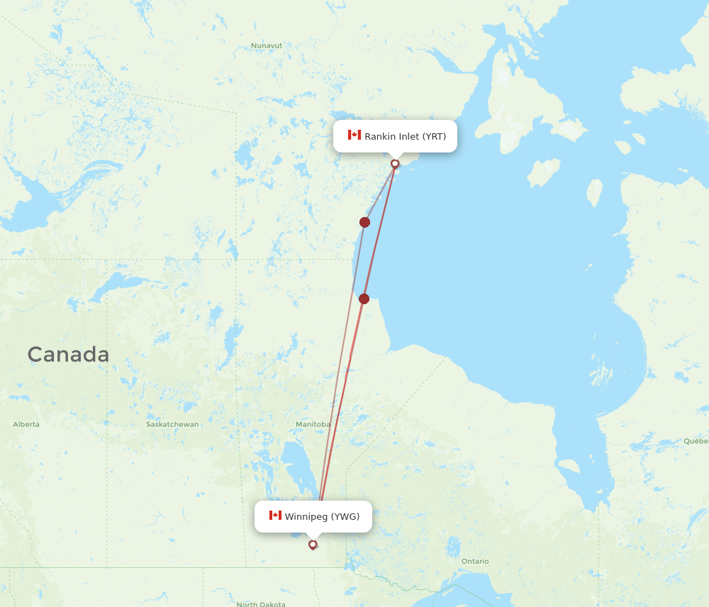 YWG to YRT flights and routes map