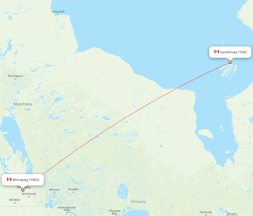 Winnipeg - Sanikiluaq route map and flight paths