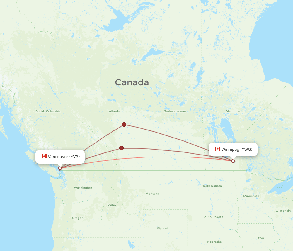 YWG to YVR flights and routes map