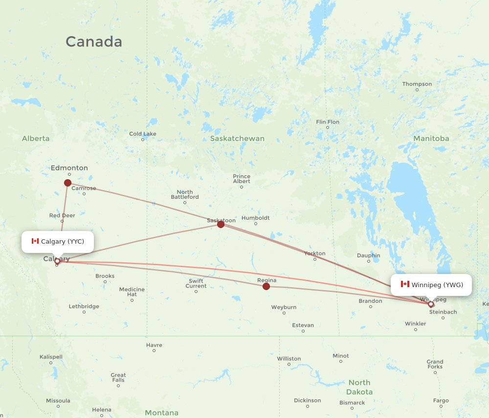 YWG to YYC flights and routes map