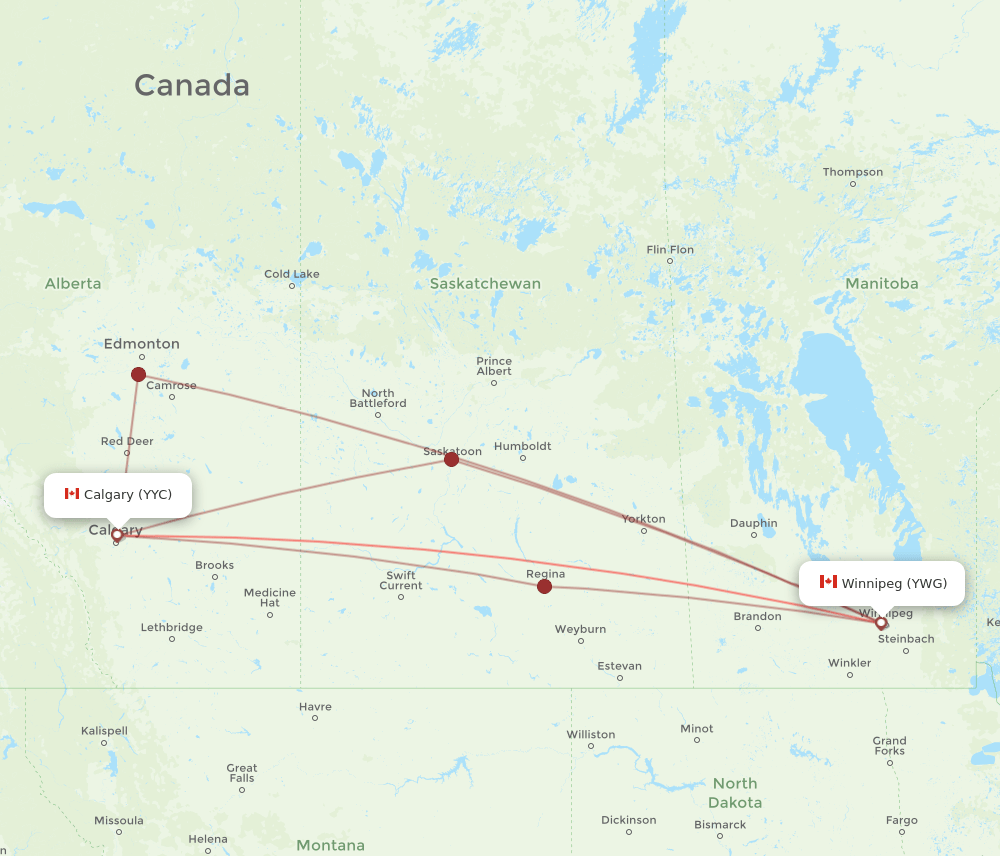 YWG to YYC flights and routes map