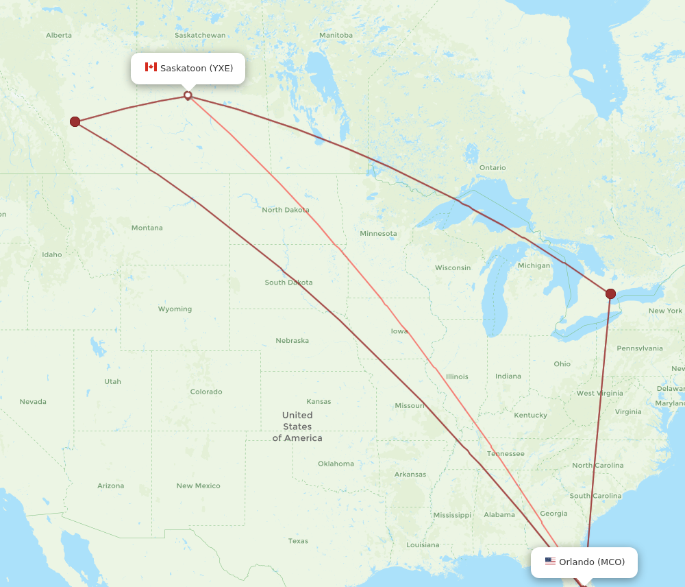 YXE to MCO flights and routes map