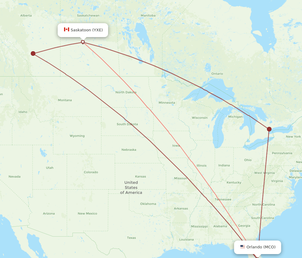 YXE-MCO flight routes