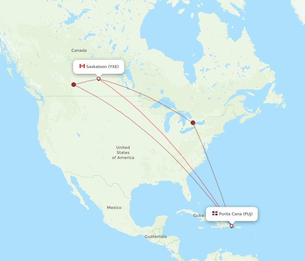YXE to PUJ flights and routes map
