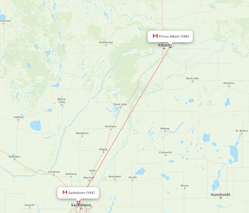 YXE to YPA flights and routes map