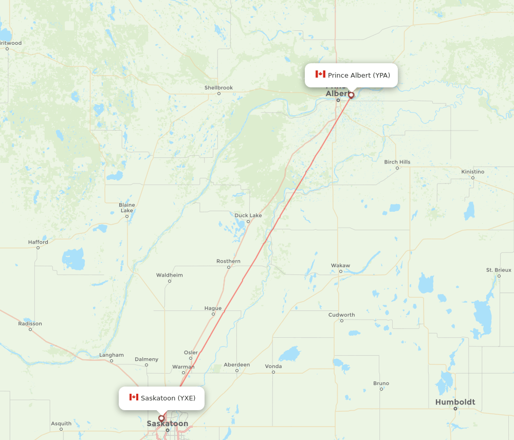 YXE to YPA flights and routes map