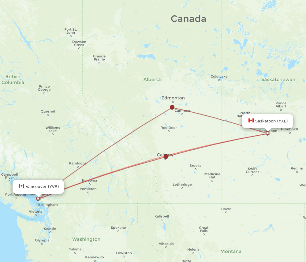 YXE to YVR flights and routes map