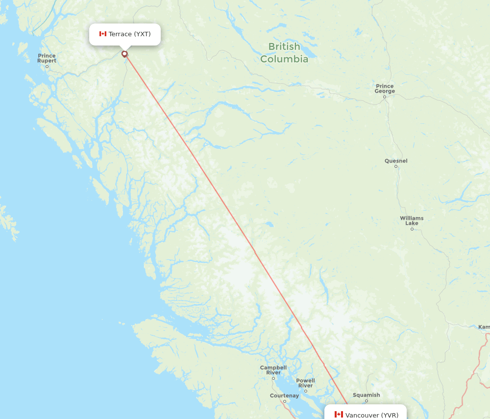 Terrace - Vancouver route map and flight paths