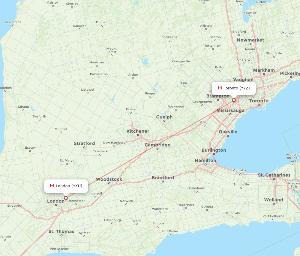 London - Toronto route map and flight paths