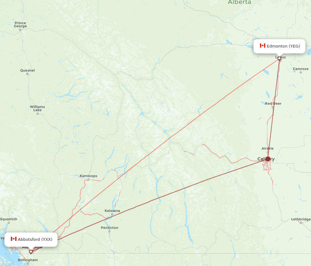 YXX to YEG flights and routes map