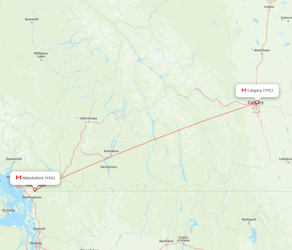 YXX to YYC flights and routes map
