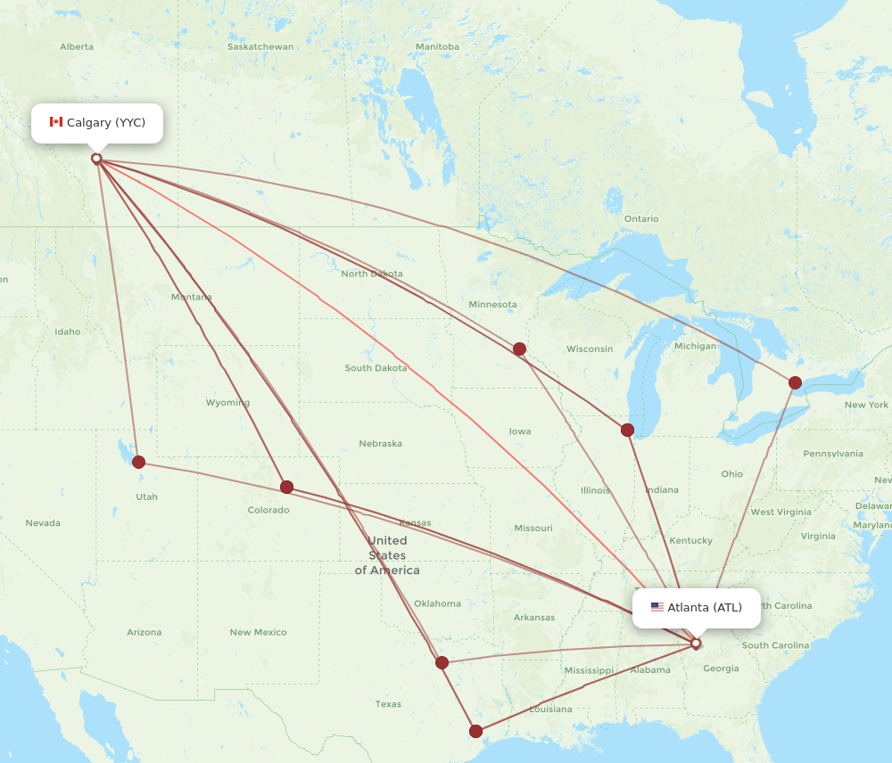 YYC to ATL flights and routes map